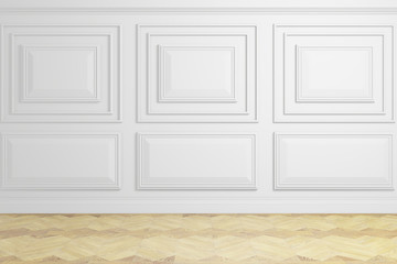 white wall with panels and wood floor, empty room,3d rendering, design wall