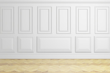 white wall with panels and wooden floor, empty room,3d rendering, design wall