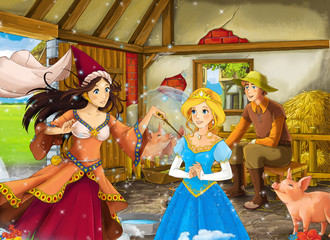 Obraz na płótnie Canvas Cartoon scene with princess and witch sorceress and farmer rancher in the barn pigsty illustration for children