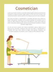 Cosmetician poster with woman making cosmetic procedures to client lying on table under lamp. Face skin care poster with beautician and girl vector