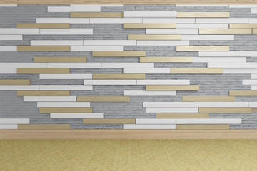 gray concrete brick wall with wooden slats, design wall, empty room, 3d rendering
