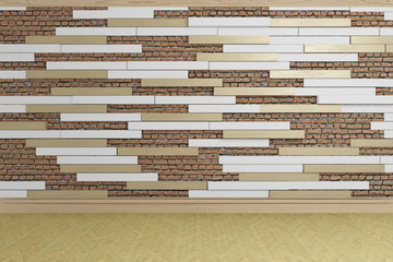 red concrete brick wall with wooden slats, design wall, empty room, 3d rendering