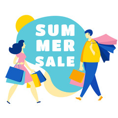 Woman and man walking with purchase buy paper bags . Summer sale discount black friday start .