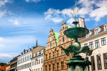The Stork Fountain on Amagertorv Amager Square in the center of Copenhagen. Denmark. Summer sunny...
