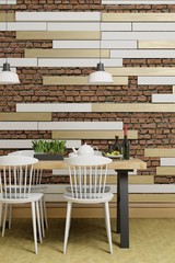 red concrete brick wall with wooden slats, design wall, room with furniture, 3d render background vertical