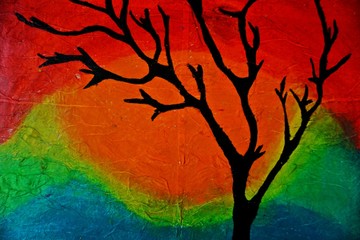 in a oil pastel painting a black tree standing with colorful background