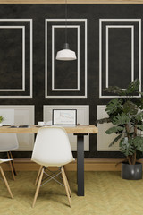 black concrete wall with panels, room with furniture, interior design of home office, 3d render vertical