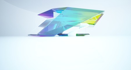 Abstract architectural glass gradient color interior of a minimalist house with large windows. 3D illustration and rendering.