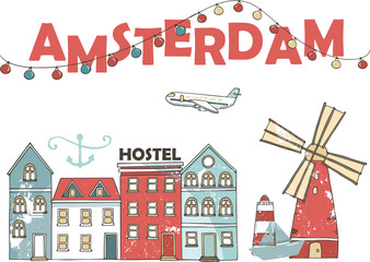 Netherlands, Amsterdam City line travel skyline set. Netherlands, Amsterdam City outline city vector illustration, symbol, travel sights, landmarks. Hand drawn clip art grange style. Cartoon.