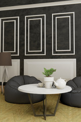 black concrete wall with panels, room with furniture, interior design, 3d render vertical	