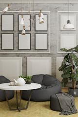 white panels on gray concrete wall, room with furniture, interior design, background 3d rendering vertical