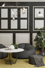 white panels on black concrete wall, room with furniture, interior design, background 3d rendering vertical