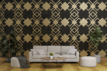 black concrete with pattern wall, design wall, living room, nobody, 3d render illustration background