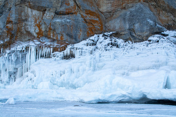 Rock cliff with ice in Lake Bikal, Russia, landscape photography