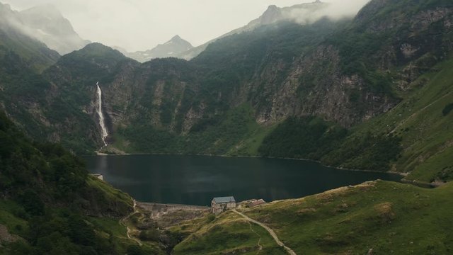 Beautiful drone shot of a waterfall in Pyrenee, Lac d'O&ocirc;, Landscape in the french mountains.
