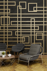 luxury style living room, black concrete with pattern wall, design wall,nobody, 3d rendering illustration background vertical