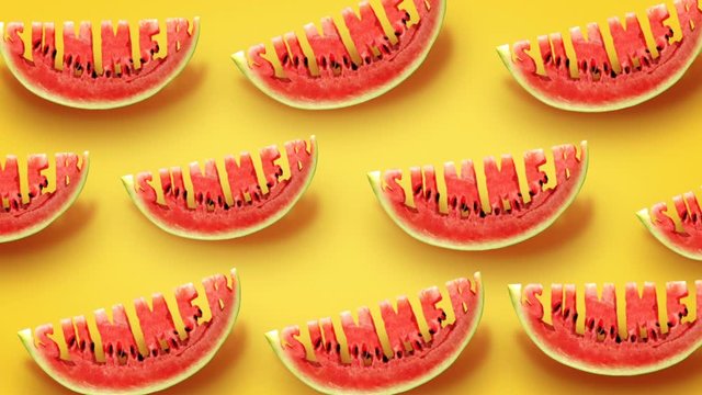 Fresh slices of watermelon on yellow background. Word Summer  carved in every piece.