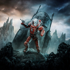 Crashed skeleton astronaut / 3D illustration of retro science fiction scene showing evil skull faced space soldier after crash landing on alien world © grandeduc