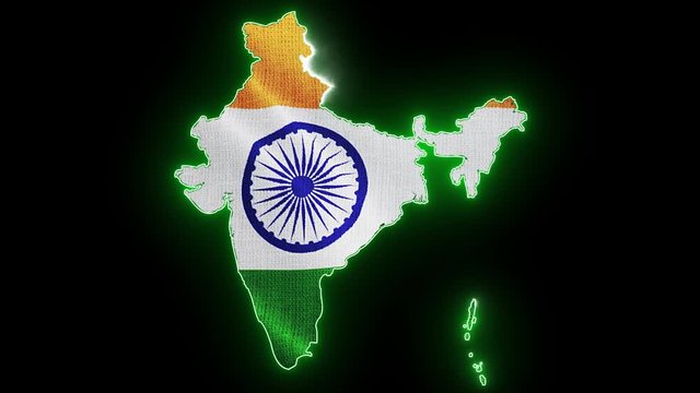 India map with neon lights. Abstract creative animation for led, neon outline of Indian country with flag