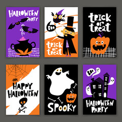 Set of vector Happy Halloween posters in cartoon flat retro style