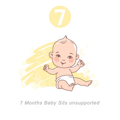 Little baby of 7 month. Baby Physical, emotional development milestones in first year. Cute little baby boy or girl  in diaper sitting unsupported. Infographics  with text.  Vector illustration. 