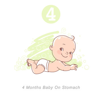 Little baby of 4 months.  Physical, emotional development milestones in first year.  Cute little baby boy or girl  in diaper lying on stomach.. First year. Infographic with text. Vector illustration.
