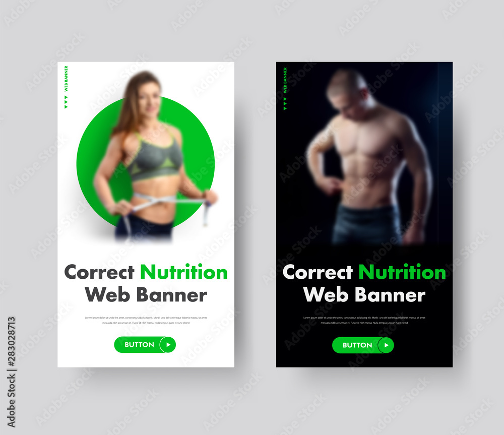 Poster Black and white vertical vector web banner with place for photo, green elements and buttons.