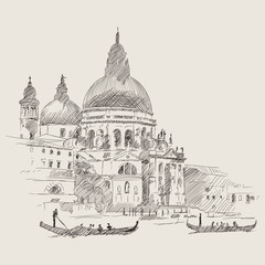 Scenery of the old city of Venice. Ancient buildings, a water channel and a boat floating on the water. Pencil sketch.