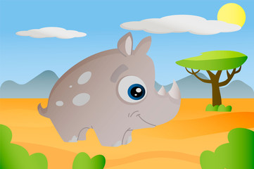 Rhino african animal in cartoon style on africa background