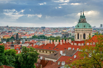 Scenic panoramic view of historical center of Prague, Czech Republic on a cloudy stormy day