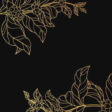 Concept golden border with vintage coffee branches with gold leaves and beans. Cocoa background frame for shop or house. Vector isolated illustration.