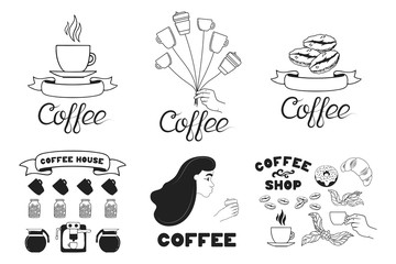 Concept coffee labels for coffee house, shop, menu with girl blowing on hot cup of drink, mugs like balloons, beans, donuts and leaves. Poster template for cafe.
