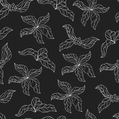 Vintage coffee branches with leaves and beans seamless pattern. Ornate botanical plants background. Vector isolated illustration.