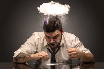Young drunk disappointed man with hard time overcast concept
