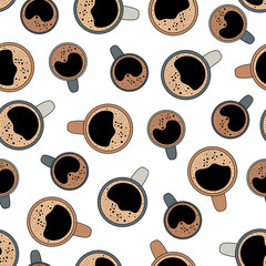 Top view coffee cup seamless pattern. Background for coffee cafe menu, shop or house. Vector isolated illustration.