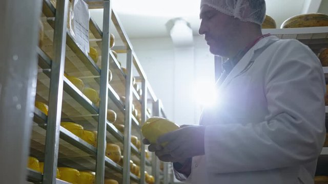 Cheesemaker checking ready product in a storage room