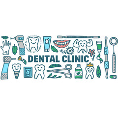 Dentistry Concept with Dental Instruments and Teeth in Doodle Style