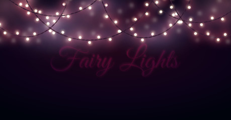 Mysterious blurred background with glowing light bulb garlands. Fairy lights decor for Christmas, New Year, birthday celebration flyer, banner or invitation. Vector illustration.
