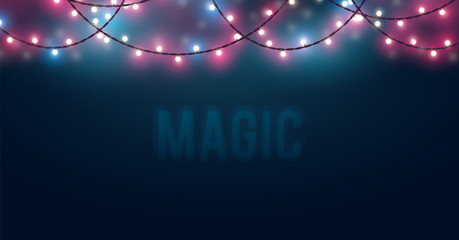 Mysterious blurred background with glowing light bulb garlands. Fairy lights decor for Christmas, New Year, birthday celebration flyer, banner or invitation. Vector illustration.