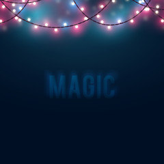 Mysterious blurred background with glowing light bulb garlands. Fairy lights decor for Christmas, New Year, birthday celebration flyer, banner or invitation. Vector illustration.
