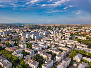 Aerial view of Slatina, Romania. Drone flight over the european city in summer day.