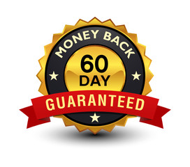 Powerful, high quality, reliable 60 day money back guaranteed golden badge, sign, illustration, label, seal with red ribbon, on white background.