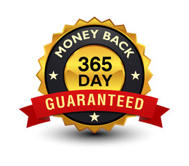 Powerful, high quality, reliable 365 day money back guaranteed golden badge, sign, illustration, label, seal with red ribbon, on white background.