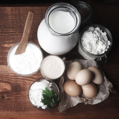 Healthy food high in protein. milk eggs cheese sour cream