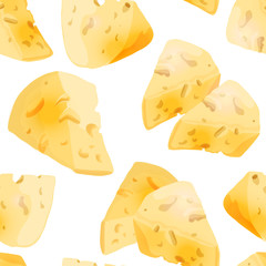 Cheese slices seamless pattern in cartoon style for game design, covering, wrapping and wallpapers for interior of food restaurant. Big pieces of maasdam or swiss type dairy product with holes.
