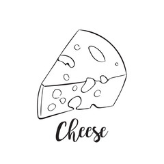 Cheese line art handdrawn. Big pieces of maasdam or swiss type dairy product with holes. Vector flat style illustration isolated on white background