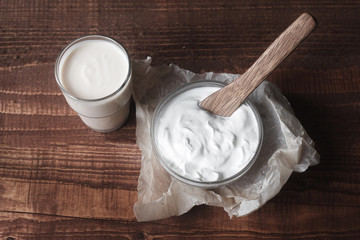 Healthy food high in protein. milk eggs cheese sour cream