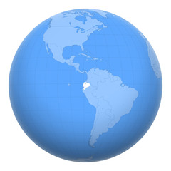 Ecuador on the globe. Earth centered at the location of the Republic of Ecuador. Map of Ecuador. Includes layer with capital cities.