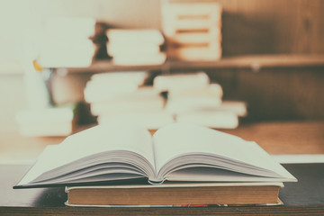 Education concept. Stack of books on table.