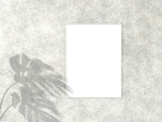 3x4 vertical White frame for photo or picture mockup on concrete background with shadow of monstera leaves. 3D rendering.